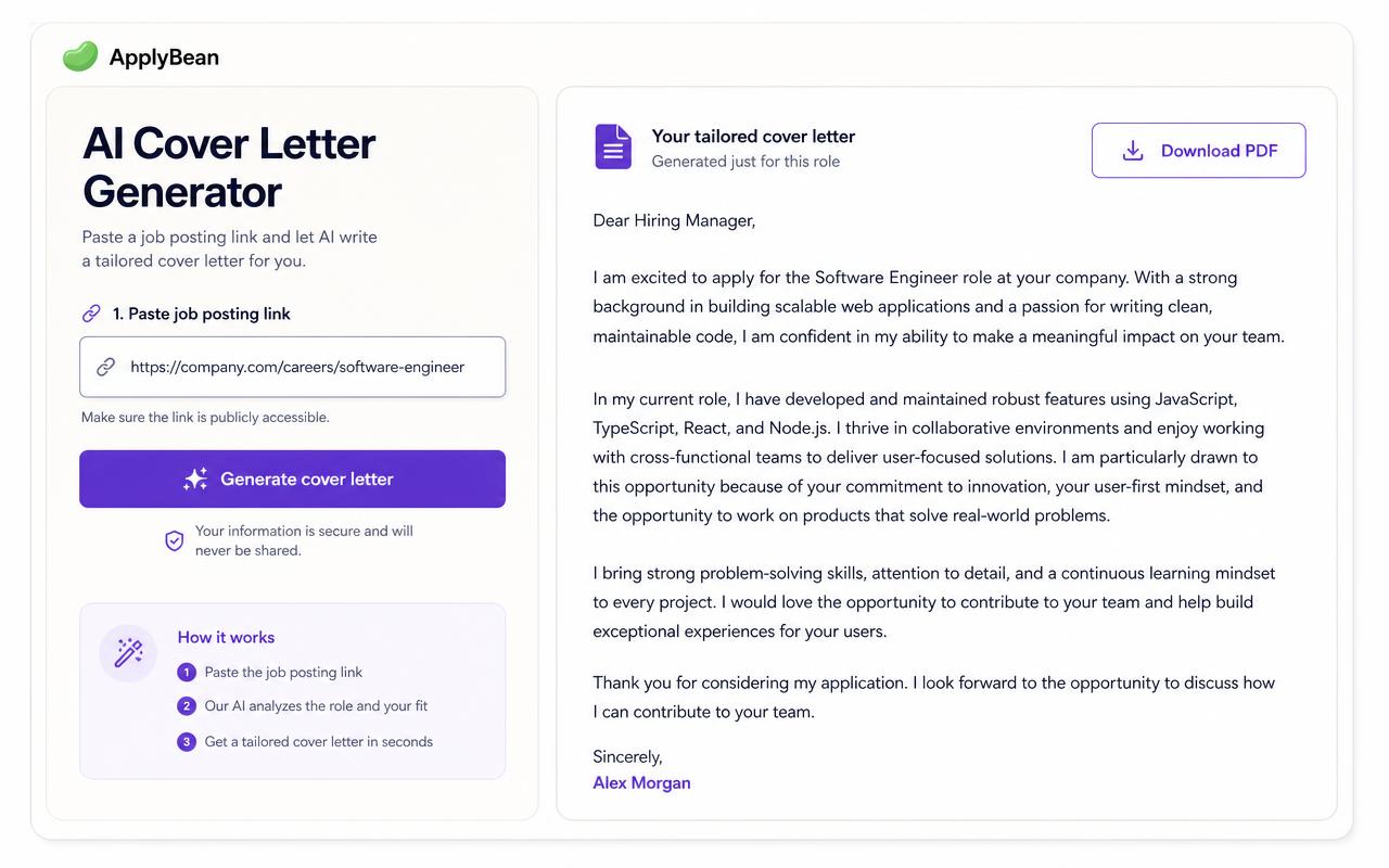 ApplyBean AI cover letter generator ApplyBean AI cover letter generator with a job posting link pasted on the left and a tailored cover letter ready to download as PDF on the right