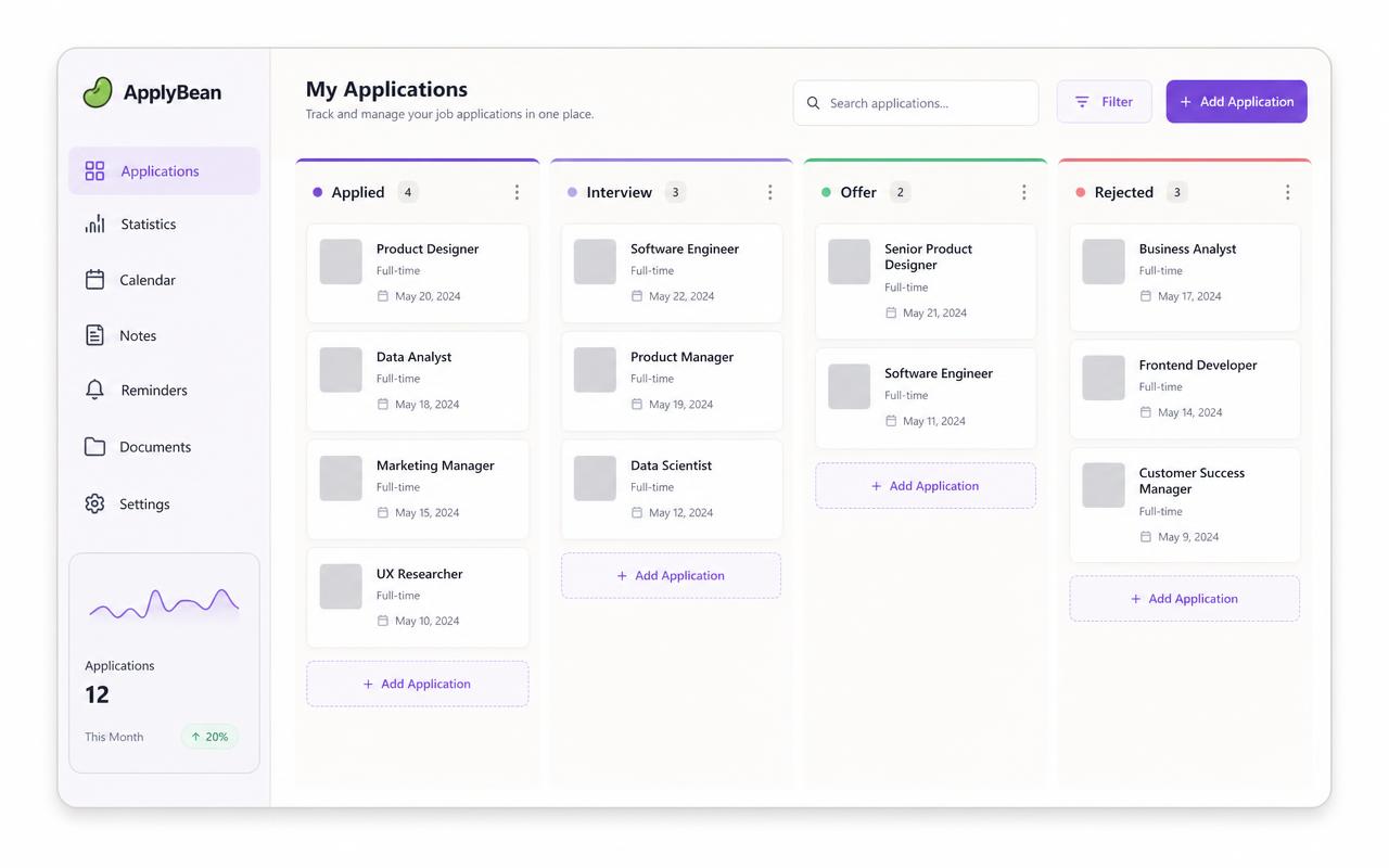 ApplyBean job application tracker ApplyBean AI job application tracker kanban board with Applied, Interview, Offer and Rejected columns