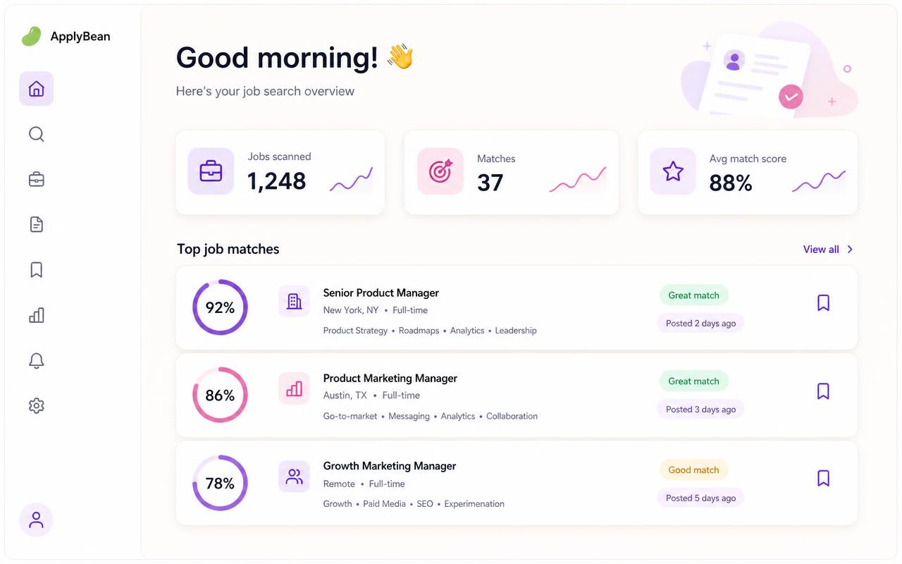 ApplyBean dashboard with job match scores ApplyBean AI dashboard showing jobs scanned, number of matches and job cards with match scores of 92%, 86% and 78%