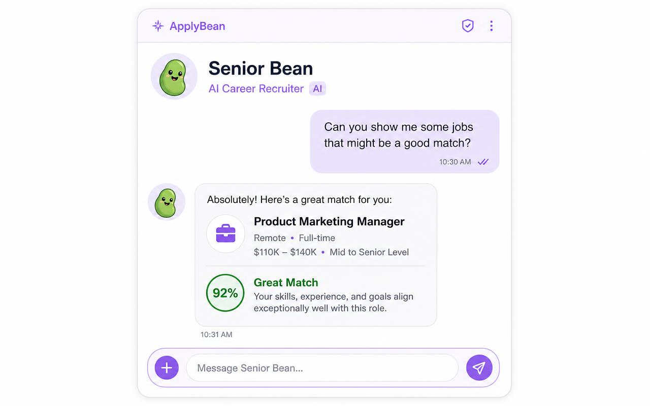 Senior Bean AI recruiter chat Chat with Senior Bean, the ApplyBean AI recruiter, suggesting a Product Marketing Manager role with a 92% match score